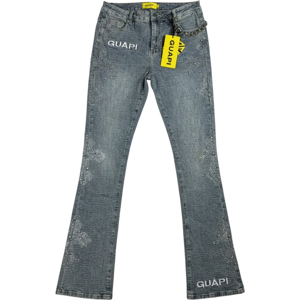 GUAPI Vintage Blue Distressed Cross Rhinestone Stacked Jeans 36 NWT Chain